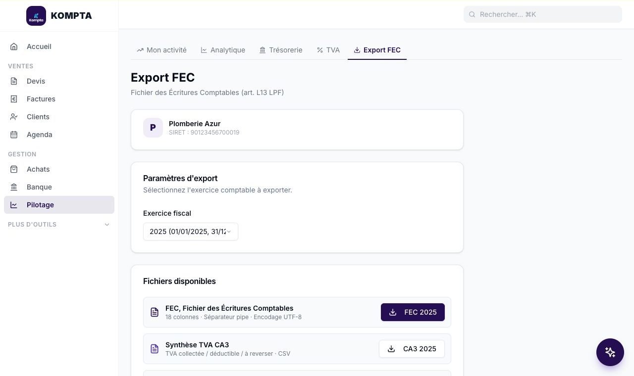 Page d'export FEC et synthèse TVA CA3 dans Kompta